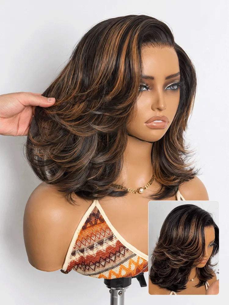 Brown Highlight Layered Wavy Butterfly Haircut Glueless Minimalist HD Lace Wig Pre-Cut Lace Main image