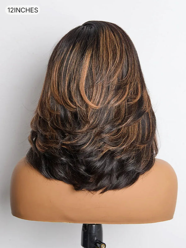 Brown Highlight Layered Wavy Butterfly Haircut Glueless Minimalist HD Lace Wig Pre-Cut Lace