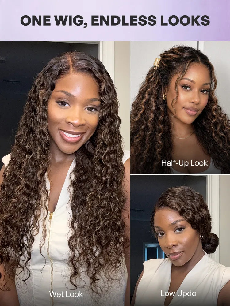 Luvme All-Day Comfort™ Wig PartingMax Brown Highlights Funmi Curly 7x6 Closure HD Lace Glueless Wig Pre Cut Lace