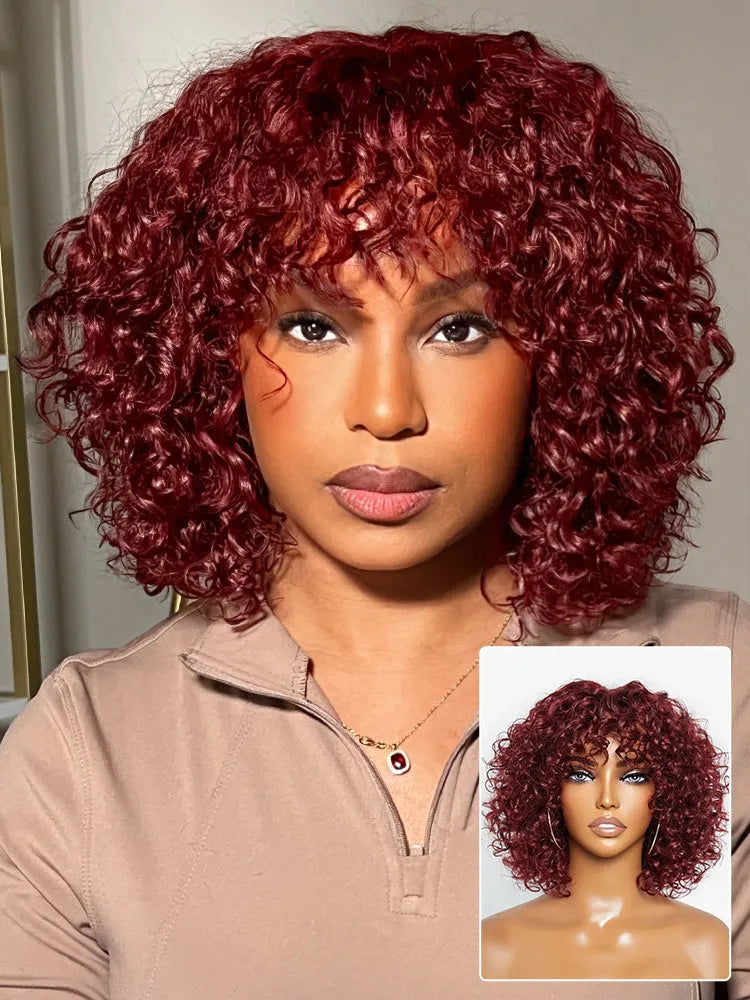 Beginner Friendly Dark Red Water Wave Glueless Minimalist Lace Curly Wig with Bangs Main image