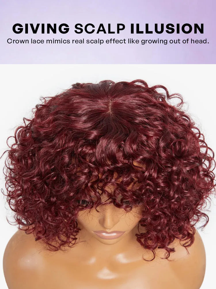 Beginner Friendly Dark Red Water Wave Glueless Minimalist Lace Curly Wig with Bangs