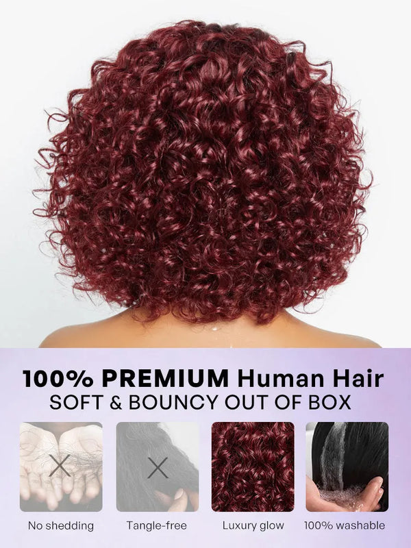 Beginner Friendly Dark Red Water Wave Glueless Minimalist Lace Curly Wig with Bangs