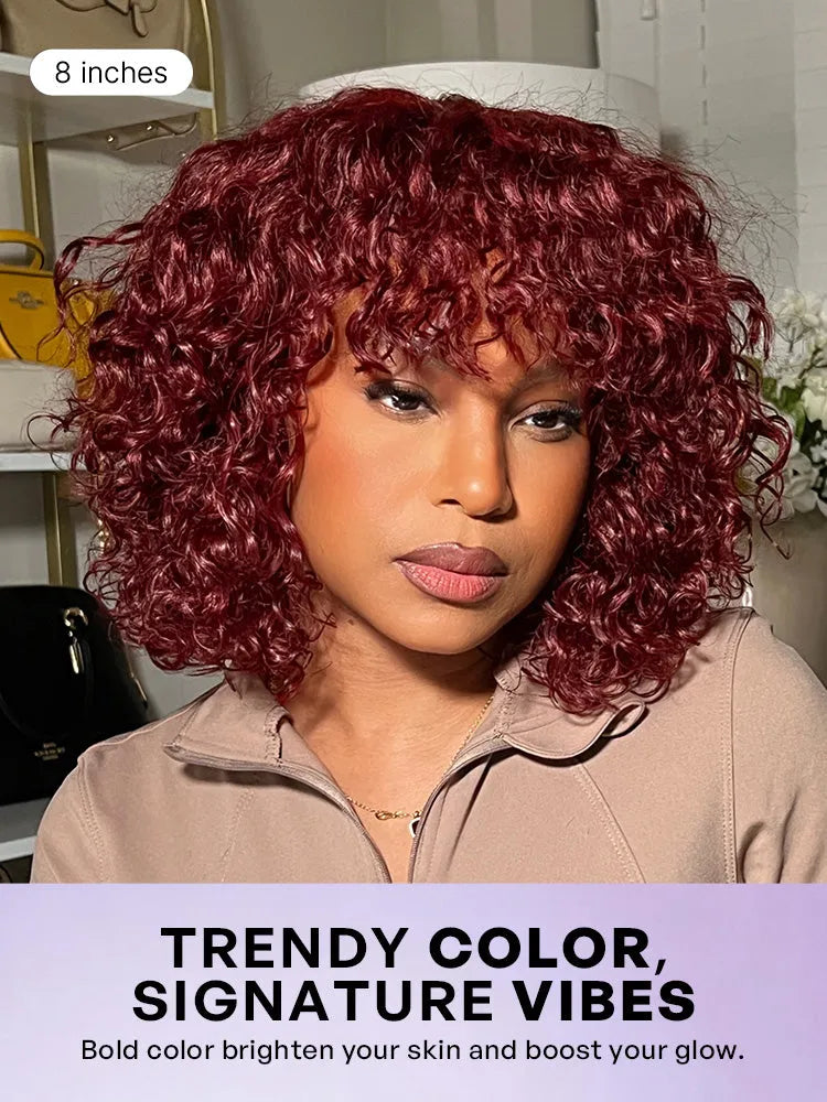 Beginner Friendly Dark Red Water Wave Glueless Minimalist Lace Curly Wig with Bangs