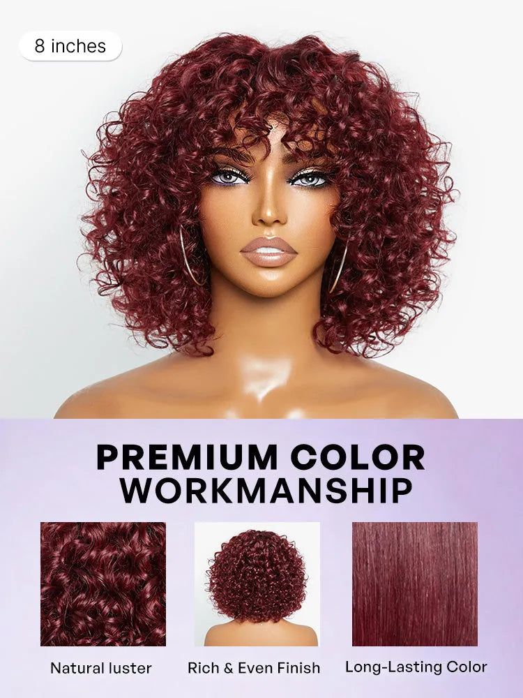 Beginner Friendly Dark Red Water Wave Glueless Minimalist Lace Curly Wig with Bangs