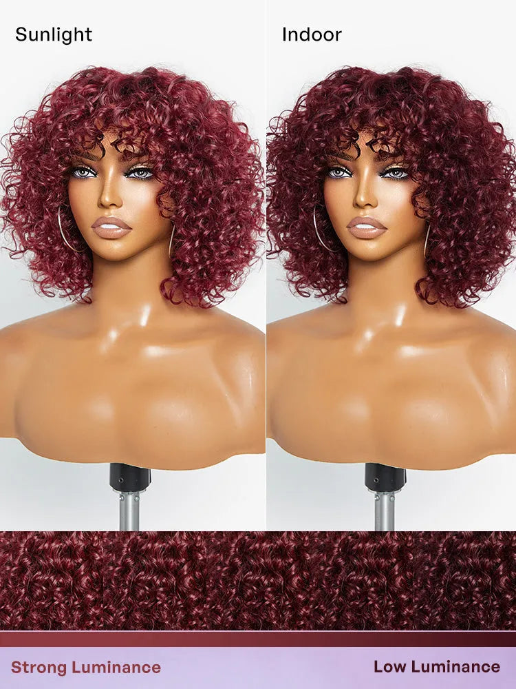Beginner Friendly Dark Red Water Wave Glueless Minimalist Lace Curly Wig with Bangs