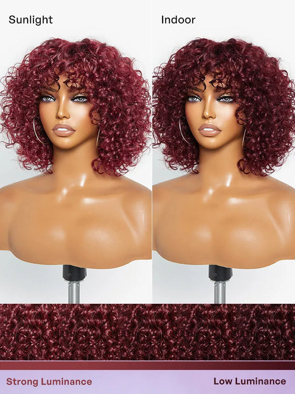 Beginner Friendly Dark Red Water Wave Glueless Minimalist Lace Curly Wig with Bangs