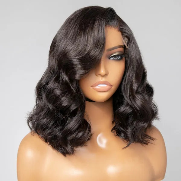 Elegant Natural Black Wavy Minimalist HD Lace Glueless C Part Short Wig 100% Human Hair - US Only
