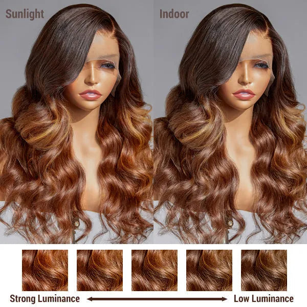 Amanda Honey Brown Highlight Glueless 13x4 Frontal Lace Side Part Long Wig | Large & Small Cap Size Secondary image